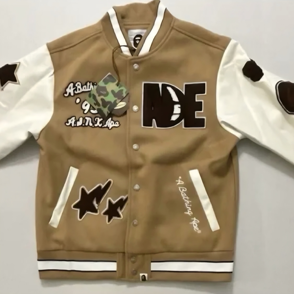 A BATHING APE BAPE MULTI MOTIF VARSITY JACKET BEIGE SIZE XXL (NWT)